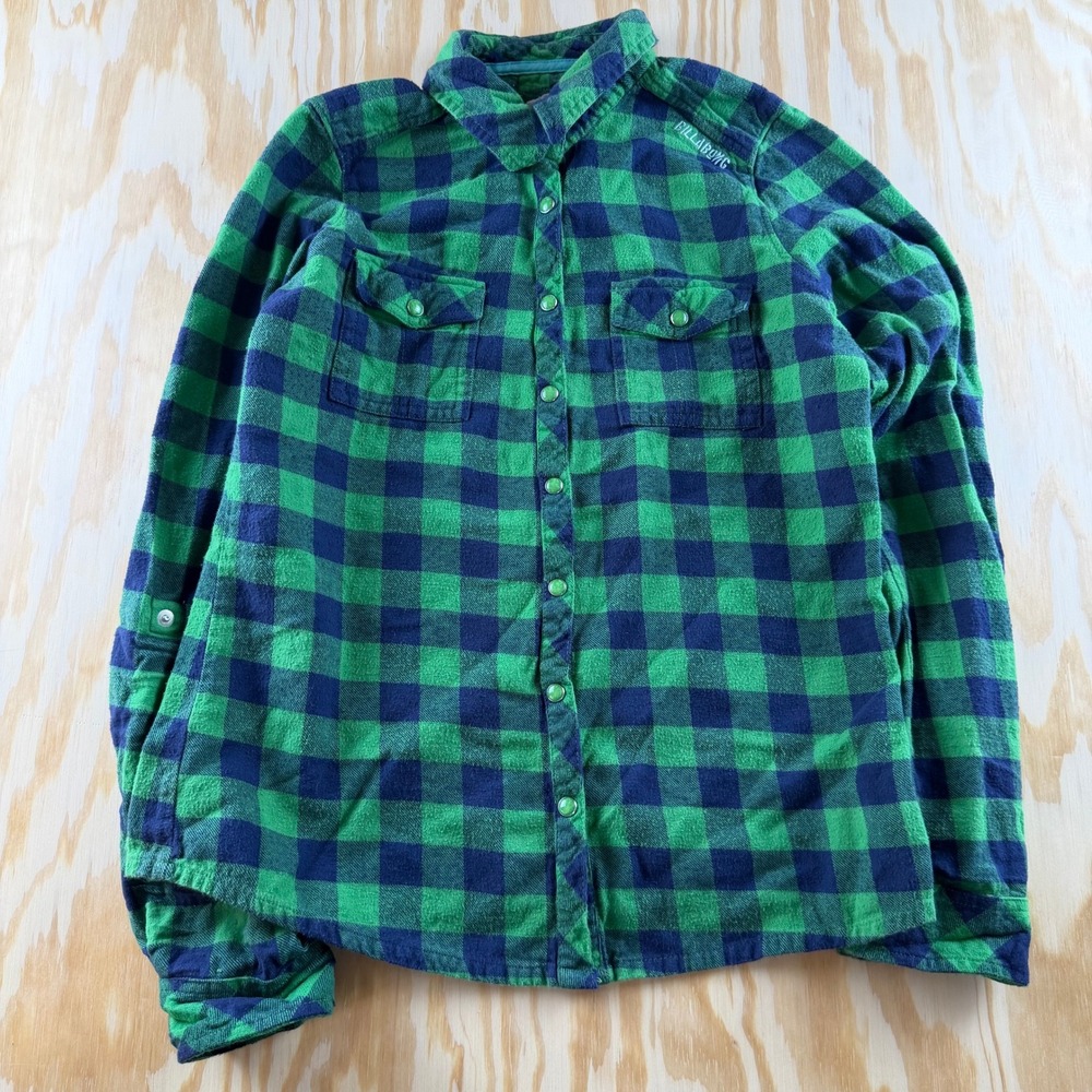 Y2K Billabong Womens M Green Navy Blue Buffalo Plaid Flannel Shirt Snap Front